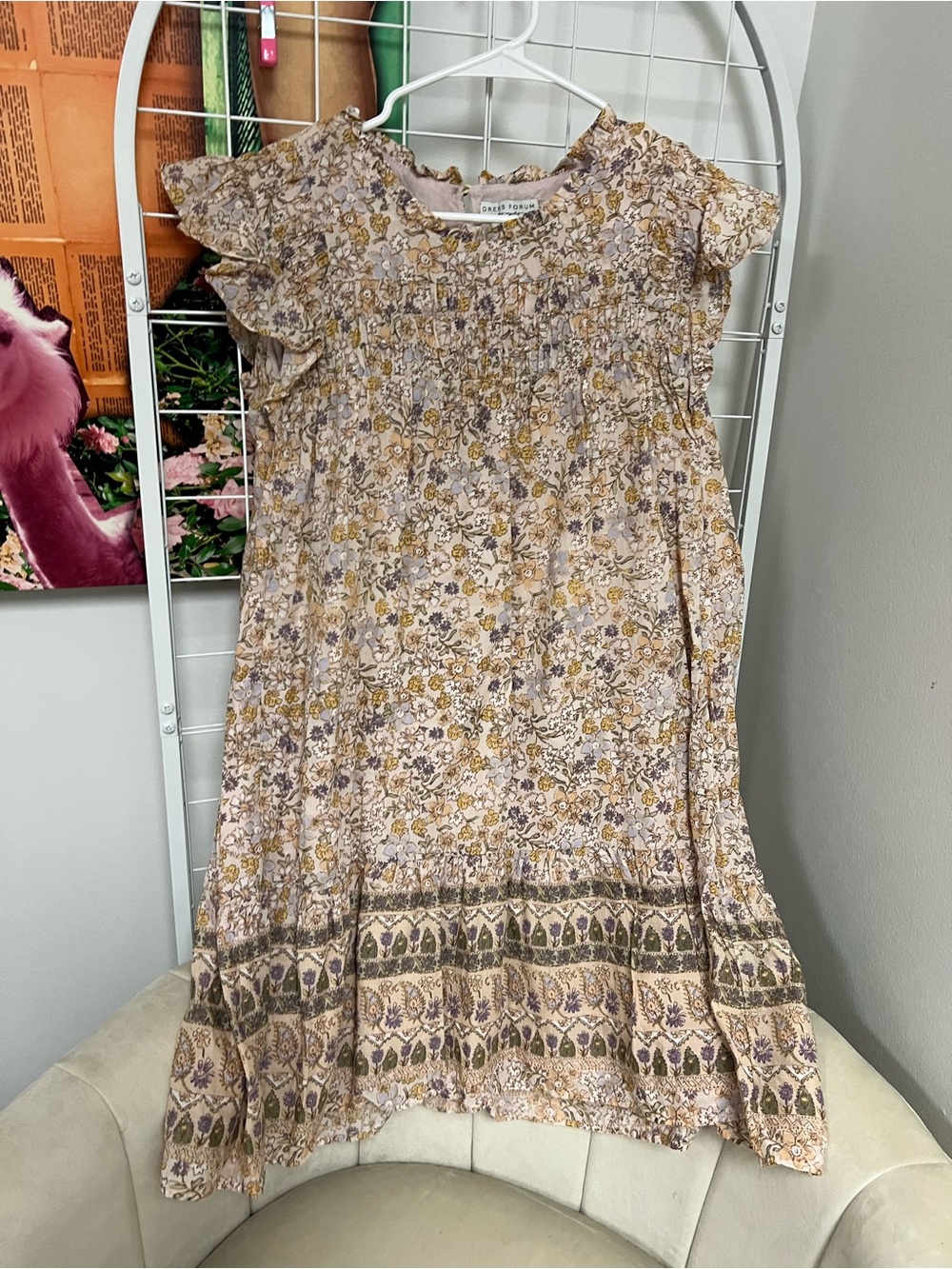 Dress Forum Cream Floral Smocked Mini Dress with Purple & Yellow Accents